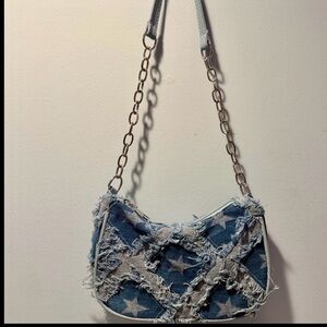 Star Patterned Denim Shoulder Bag with Chain Strap NWOT
